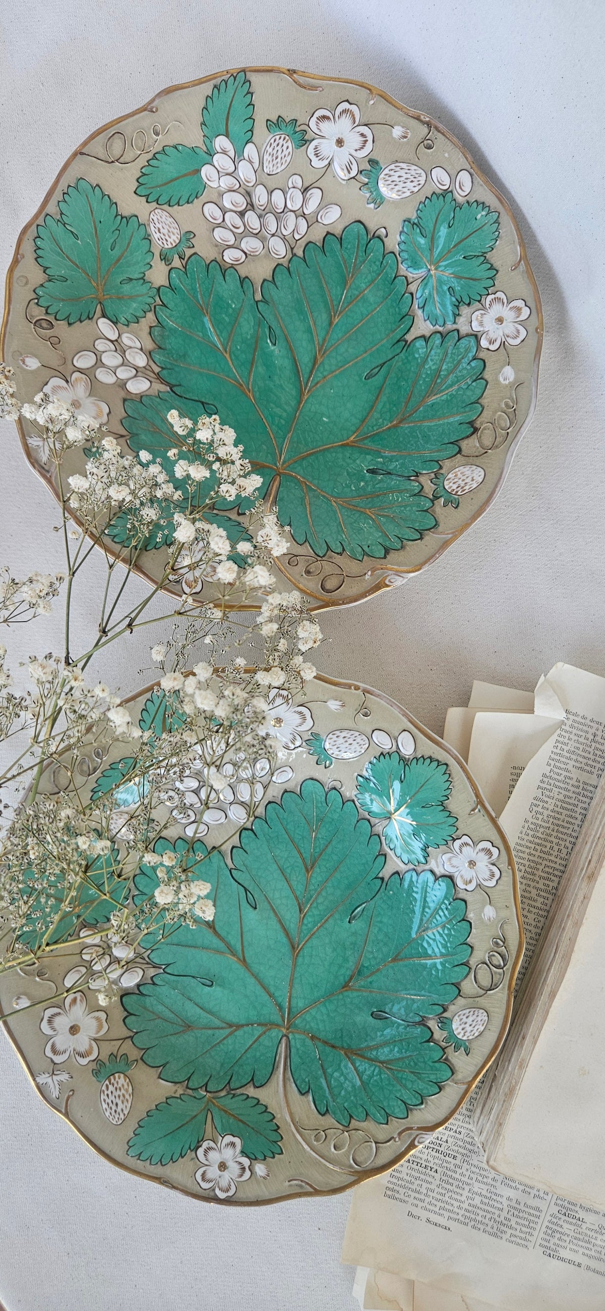 Assiette barbotine ancienne – Feuilles de vigne