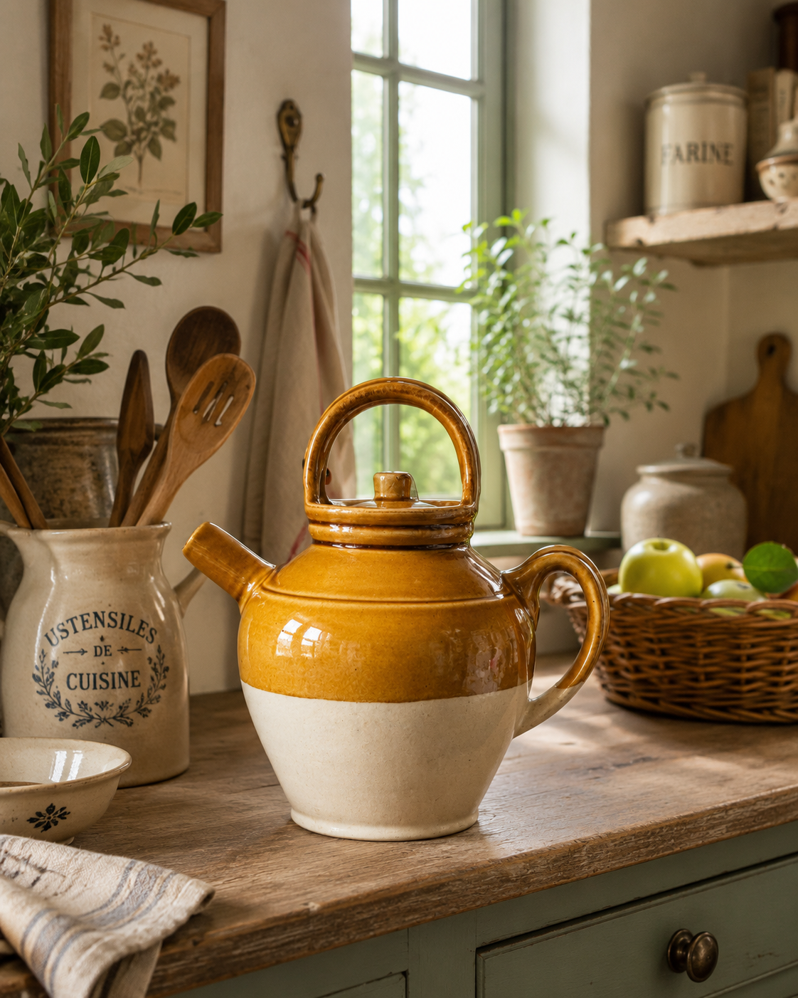 Théière vintage en grès vernissé caramel & crème – esprit campagne chic